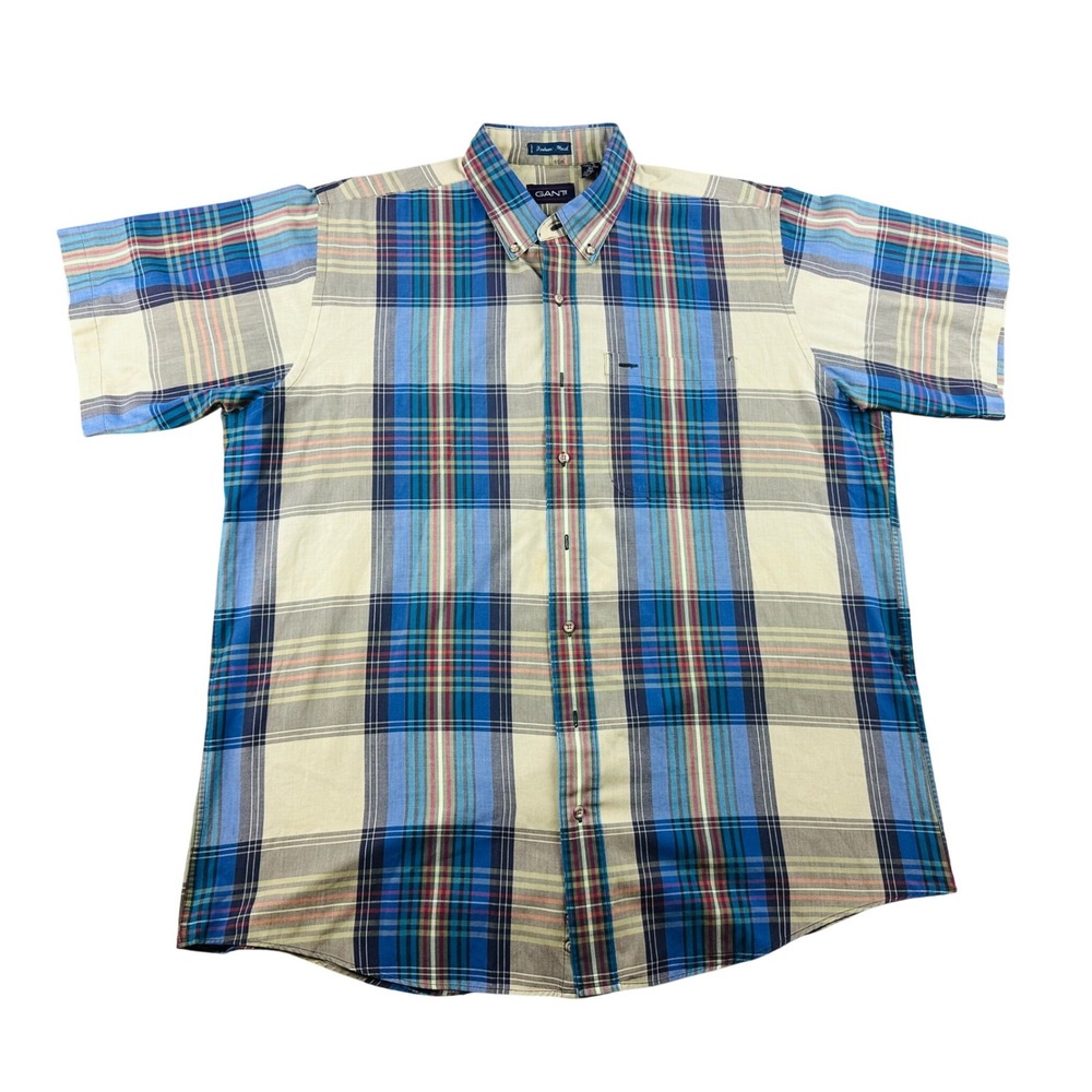 Vintage Gant Button Down Shirt Men XLT Tall Blue Checkered USA Made Short Sleeve